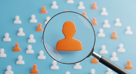 Magnifying glass focusing on an orange figure among many white figures on a blue background, symbolizing talent acquisition and search.