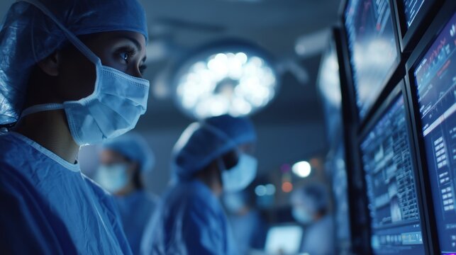 A group of medical professionals in scrubs and masks monitor patient data on large screens in a modern operating room. The atmosphere is focused and high-tech.