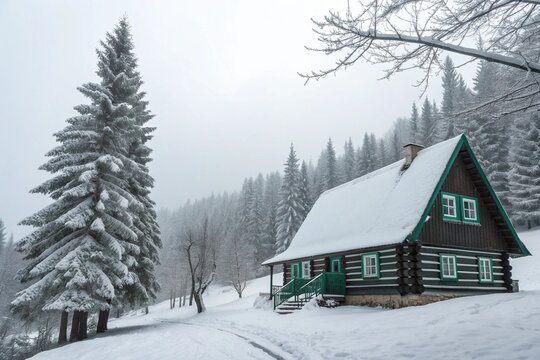Cozy wooden cabin nestled in a snowy forest with tall evergreen trees and a winter landscape