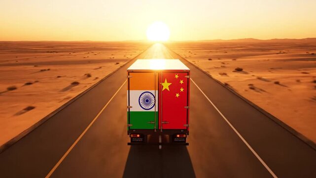 India china trade truck desert sunset road