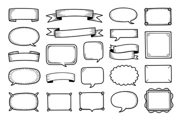Obraz premium Collection of 20 Hand-Drawn Black and White Frames, Banners, and Speech Bubbles