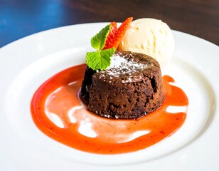 Chocolate lava cake with strawberry sauce and ice cream