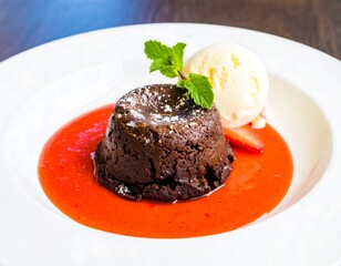 Chocolate lava cake with ice cream and berries