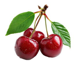 Three ripe cherries on a stem with leaves, close-up