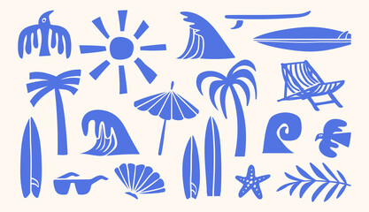 Obraz premium Hand Drawn Doodle Summer Beach Icon Vacation and Picnic Elements, Umbrella, Surfboard, Wave, Coastal T-shirt and Poster 
