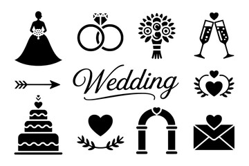 Twelve Monochrome Wedding Icons: Bride, Rings, Bouquet, Toasting Flutes, Arrow, Cake, Heart Wreath, Arch, Envelope, and More