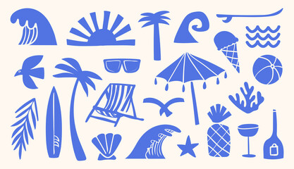 Obraz premium Hand Drawn Doodle Summer Beach Icon Vacation and Picnic Elements, Umbrella, Surfboard, Wave, Coastal T-shirt and Poster 