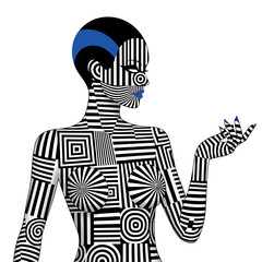 Vector vector art of abstract woman with optical illusion body art and blue accents, transparent background