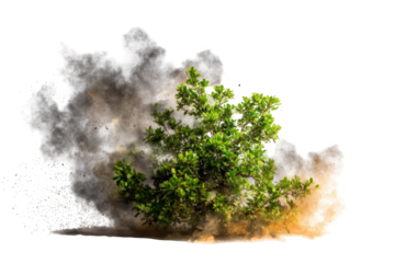 A vibrant green tree erupts from a cloud of smoke and dust