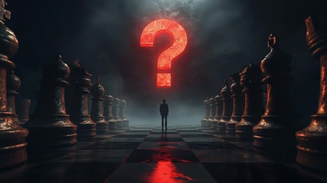 A solitary figure stands on a chessboard, contemplating a giant red question mark looming above, symbolizing uncertainty