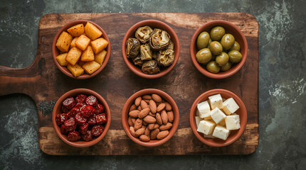 A rustic wooden board displays six small clay bowls filled with various tapas: golden fried potatoes, marinated artichoke hearts, green olives, glazed cherries, almonds, and cubed cheese.