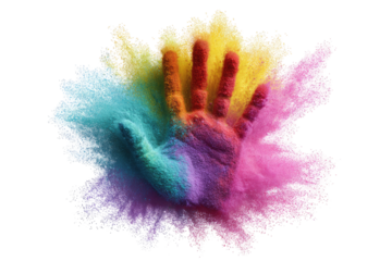 A handprint, vibrant with colorful powder, is centered within a large, textured cloud of multi-hued particles