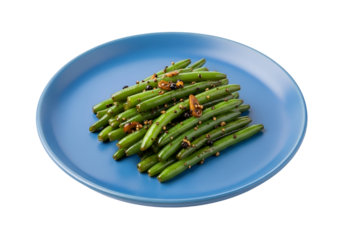 A vibrant dish of sauteed green beans, garnished with toasted sesame seeds, black peppercorns, and slivered garlic, presented on a vibrant blue plate.