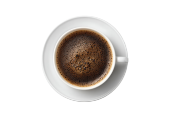 Overhead view of a cup of black coffee, frothy top