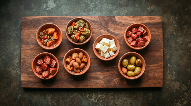 A rustic wooden board displays seven small terracotta bowls filled with various tapas, including olives, nuts, cheese, and meats, arranged for a delightful appetizer.