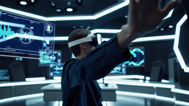 Exploration of virtual reality technology in a modern control room setting during a futuristic simulation