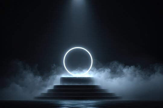 Vibrant photo of abstract black background with smoke and a glowing neon ring on a podium for product presentation, a mockup design studio. a futuristic scene of a pedestal. - Powered by Adobe