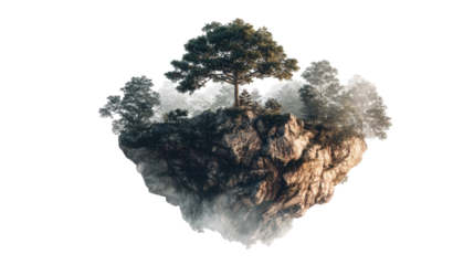 Floating island with a tree in a misty landscape