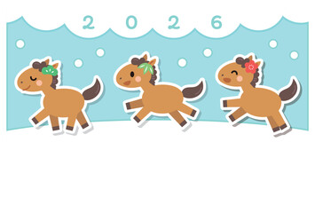雪景色と馬の年賀状　午年　2026　横　かわいい　イラスト