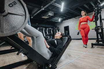 A group of women engaged in fitness activities at a modern gym, utilizing weight machines and other...