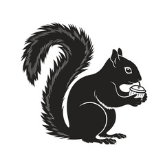 Obraz premium Stylized black silhouette of a sitting squirrel holding a small cupcake. Simple vector graphic of a cute rodent character isolated on a white background