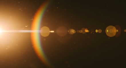 Golden lens flare with circular rainbow reflections and sparkling light particles, artistic warm glow effect for photography and design, cosmic dreamy background with radiant light beams