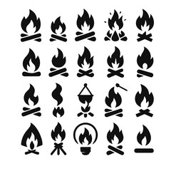 Black pictogram fire icons collection, representing flame, hazard, energy, warning, heat, and universal safety symbol communication in visual signage.
