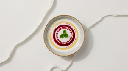 Naklejka premium A visually appealing dessert with concentric circles of vibrant berry coulis and honey on a creamy base, garnished with fresh mint.