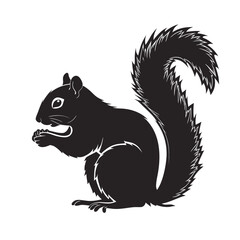 Minimalist black silhouette of an alert squirrel standing on its hind legs while eating a nut, a simple vector wildlife graphic isolated on a white background