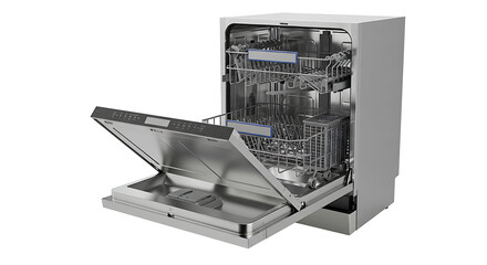 Modern Stainless Steel Dishwasher with Open Door Showcasing Interior Racks and Cutlery Basket on a Clean White Background, Ideal for
