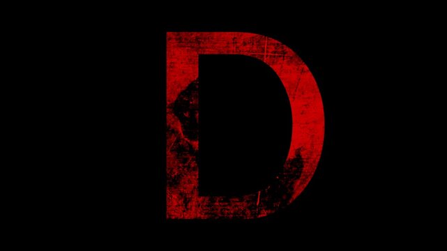 Grungy red and black textured letter D animation, horror-themed graphic element for cinematic projects in 4k