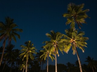 Obraz premium Palm trees illuminated against a dark blue sky at night creating a tropical scene view