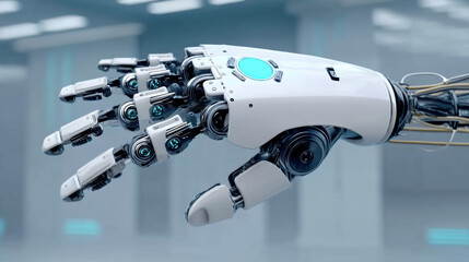 Robotic prosthetic hand with synthetic muscle grafted onto cybernetic arm in modern sci fi hospital operating room, cinematic realistic surgical procedure with AI surgical robot assisting