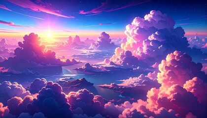 Panoramic view of a vibrant sunset over fluffy clouds