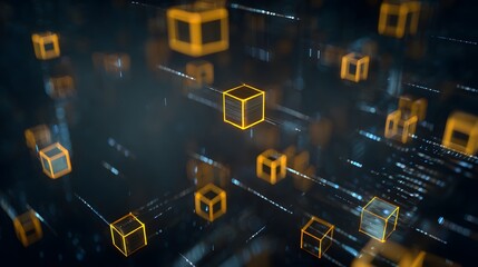 Cluster of 3D glowing cubes forming a blockchain network