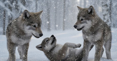 Family of Wolves – Playful Wild Animals in Snowy Winter Woods
