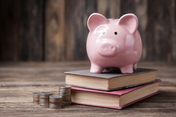 Creative Fund Allocation: A Pink Piggy Bank Surrounded by Books and Coins on a Rustic Wooden Surface Symbolizing Education Financing