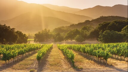 Fototapeta premium Vineyard landscape with warm sunlight, perfect for wine labels or tourism campaigns.