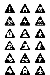 Black pictogram hazard and prohibition icons set in triangle design, representing safety, risk, danger, and visual communication for universal use.
