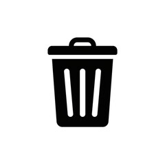 Black and white trash bin vector icon in minimalist flat 2D style, simple waste container symbol for office, recycle, and environment design.