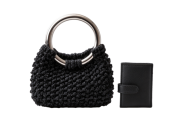 Dark gray knitted handbag with metal ring handle and matching wallet