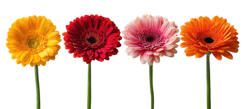 Four vibrant gerbera daisies in varying shades of orange, red, and pink, set against a black background