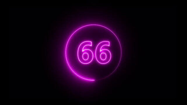 Abstract 66 neon text animation. Animation of glowing neon number text animation with alpha channel. Neon text 66 number icon on black background. 4k video