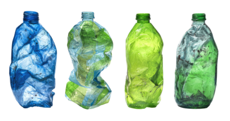 Four crumpled plastic bottles, various colors (2)