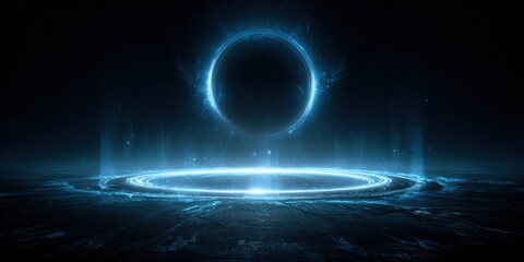 Vibrant photo of abstract, futuristic background with a blue, glowing light ring on a black, dark scene. a portal to another world, with energy flow and aura effects around the.