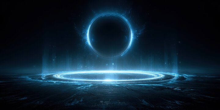 Vibrant photo of abstract, futuristic background with a blue, glowing light ring on a black, dark scene. a portal to another world, with energy flow and aura effects around the.