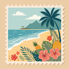 Obraz premium Vector art of tropical island beach with palm trees and flowers stamp