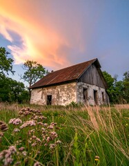 Abandoned farmhouse at sunset (1)