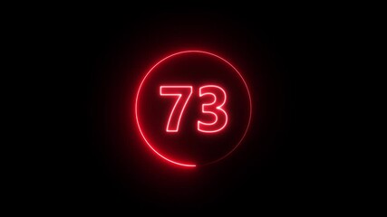Abstract 73 neon text animation. Animation of glowing neon number text animation with alpha channel. Neon text 73 number icon on black background. 4k video - Powered by Adobe