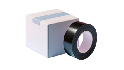 A black adhesive tape roll next to a plain white box.  A light pastel blue stripe accents the box.  3D rendering